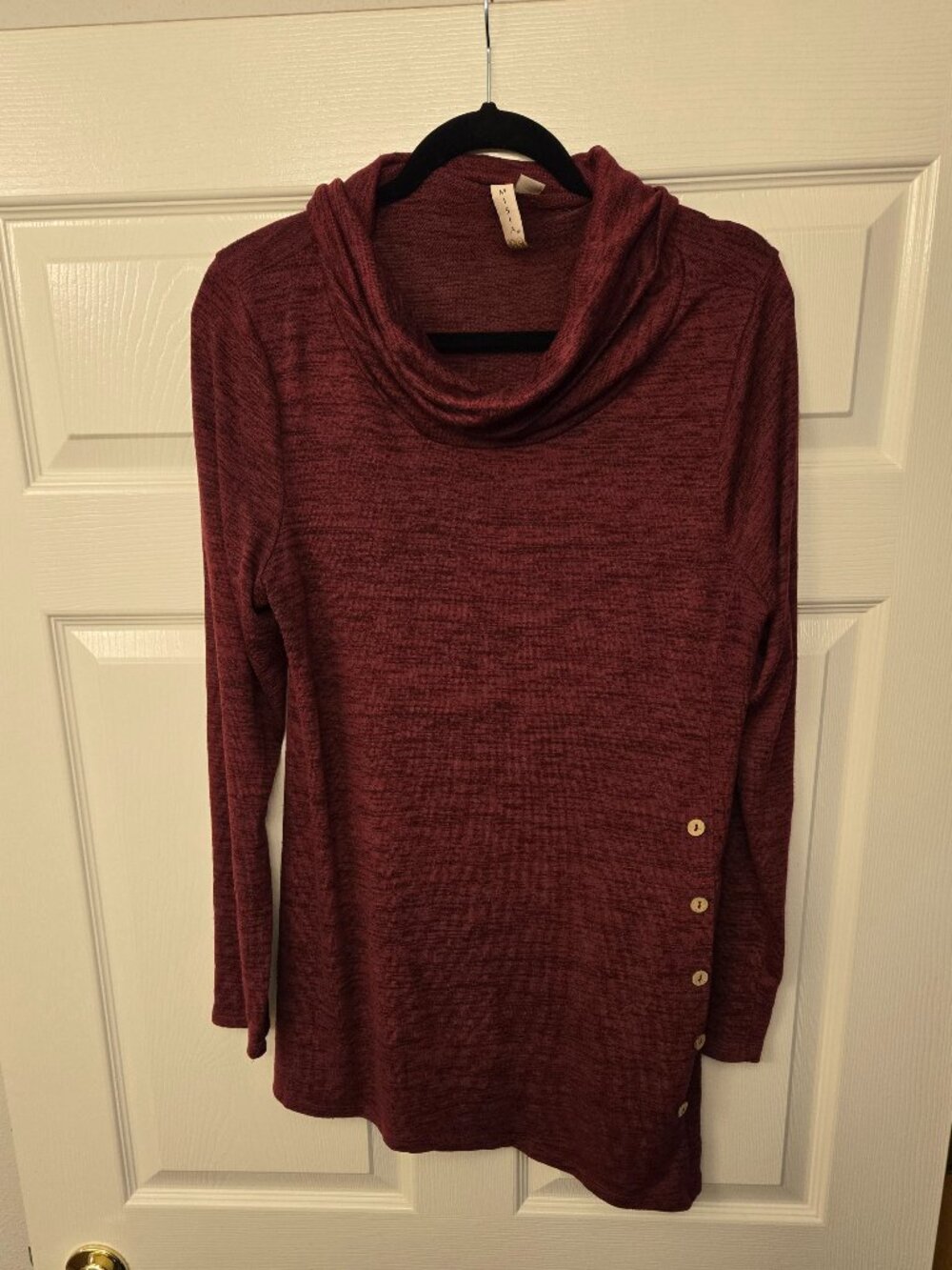 Misia - Maroon/berry cowlneck sweater with buttons, size XL.